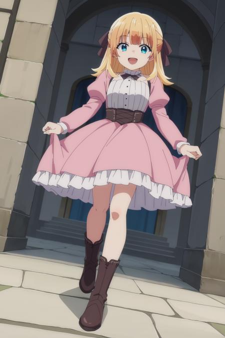 long hair, blonde hair, hair bow, bangs, blue eyes, pink dress, frilled dress, bow, long sleeves, juliet sleeves, boots,