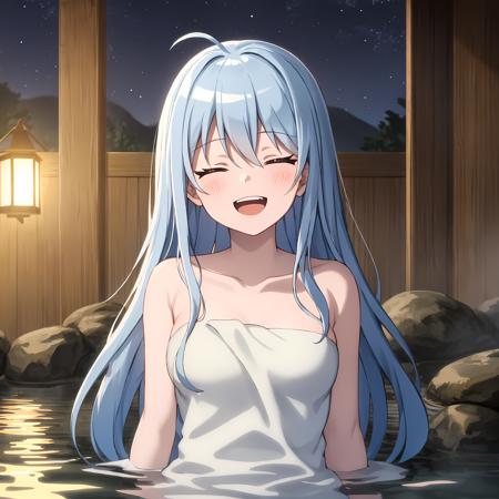 best quality, (masterpiece:1.1), detailed, 4k, 8k, sharp focus, indoors, anime, fantasy, night, water, partially submerged, fog, forrest, onsen, blurry background,
<lora:chara_BenriyaSaitousanIsekainiIku_Lafanpan_v1:0.8>, smile, open mouth, teeth, small breasts, collarbone, tilted head, bath towel, towel,
lafanpan, closed eyes, ahoge, 1girl, blue hair, very long hair, <lora:style_animeScreenshotLikeStyleMixLora_v10:0.3>