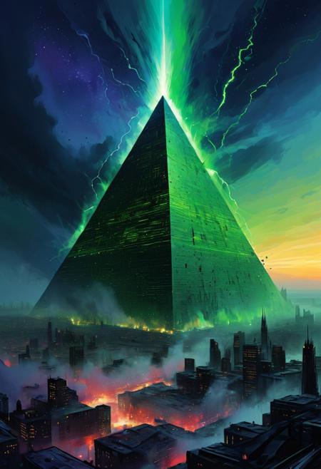 flying pyramid up, city down, flying pyrdmid over the city, Necron, (pyramid), electricity, green theme, starry sky, space,
Abstract illustration, surreal fractured landscape, twilight sky with deep indigo to electric bright green gradient, towering geometric shapes resembling shattered glass and steel beams, inner light glowing within structures, dark polished surface reflecting light, ethereal swirling fog in muted purples and blues, vibrant golds and reds in the distance, bursts of light and shadow creating dynamic contrast, white beam of light piercing the sky symbolizing memory and hope, abstract expressionism and digital futurism hybrid, bold colors with intense reds, blacks, golds, and silver, light casting long stretched shadows, broad sweeping brushstroke textures enhanced with digital precision, mist swirling at the base of the scene, radiant sky evoking reflection and honor, powerful and dramatic atmosphere, emotional tribute to 9/11 without banality or figures. electricity, green glow, green theme,