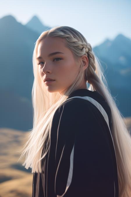 science_teacher woman, mountain, blond braids, by Jr, Christine Armbruster, by David Aja, Gavin Hamilton, Alena Aenami, negative space, colorgraded, Cinematic film still, analog style, RAW photo, hyper real photo, ultrarealistic uhd faces, 8k uhd, dslr, soft lighting, high quality, film grain, Fujifilm XT3, photographed on a Canon EOS M50 Mark II Mirrorless Camera, 50mm lens, F/2.8, HDR, hyper-realistic, colorgraded, volumetric lighting, volumetric fog, moist, shallow depth of field, reflections, absurdres, fashion shot, psychedelic, Sega Game Gear color palette