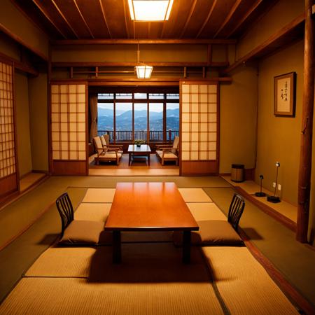 ryokan, scenery, table, chair, indoors, window, sliding doors, shadow, tatami, door, realistic,