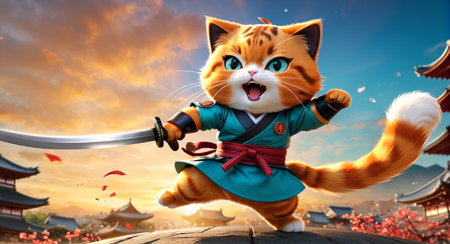 an award-winning photo, insanely detailed, colorful, photorealistic, masterpiece, bokeh, light, cinematic shot,  dynamic battle pose, zdyna_pose, foreshortening, motion blur,  from below, sunset, cinematic  golden hour light,  teal and orange, action-packed shot, (anthropomorphic cute pie  cat), battle cry, ancient samurai armor, long enormous katana, ancient temple on the background  <lora:!action-sdxl-V0.5:1>   , <lora:xl_more_art-full_v1:0.5>