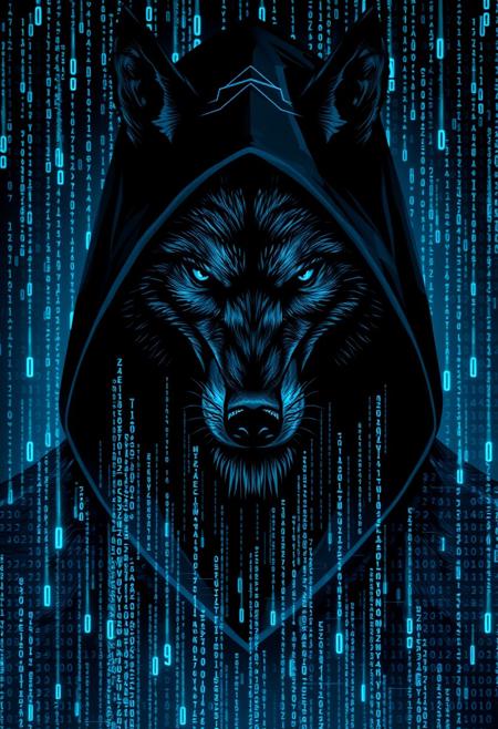 hooded anthropomorphic man-wolf, in a Matrix-style digital world, surrounded by flowing binary code. Add blue glitch effects for a striking, surreal look. Blend in geometric patterns for complexity, Matrix digital rain