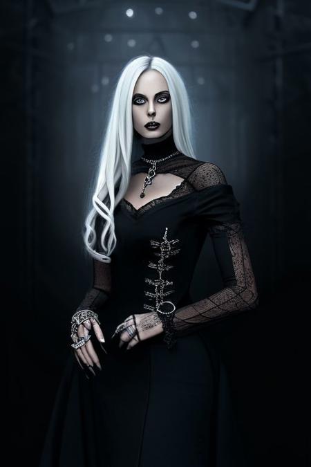 Aesthetically_Pleasant_Woman, Pleasant:Blonde,  Pleasant:DarkTone,  Gothic female vampire in a seductive pose with detailed shading and glamorous lighting, realistic style, elegant composition, Studio Quality, 6k resolution, high fashion, dark atmosphere, mysterious, digital painting masterpiece