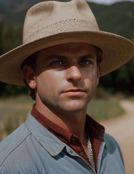 a4lang1 photo of (a4lang1) man, RAW, Spectacular light, 8k, high quality, film grain, Olympus OM1 sharp focus, f 3.4, ((detailed eyes)), Hat, Jurassic Park