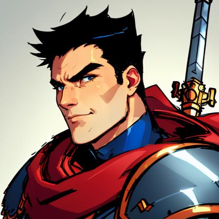 man with black hair orange blue armor sword in hand red cape