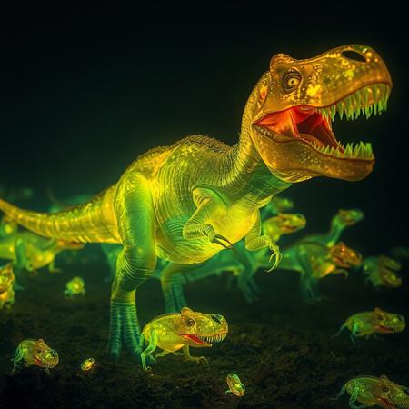 Camera zooms back to show a army of bioluminescence translucent Tyrannosaur-starving parasite creatures,