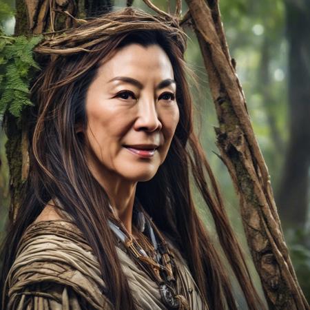 A closeup portait of michelle yeoh,an ancient druid made of bark, she live hidden in the vegetation of a forgotten forest, highly detailed painting, by Artgerm and Raphael Lacoste