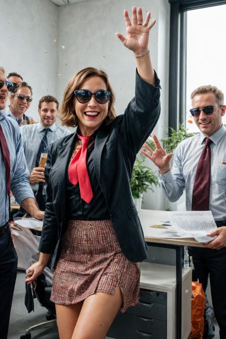 (RAW photo, 8k uhd, Analog style, Masterpiece, Best Quality, Highres:1.3), (dramatic, cinematic:1.2), BREAK,
movie shot of (plump:1.2) (40 yo (german:1.1) office lady:1.1), (dancing:1.1), (waving arms:1.3), long (shirt:1.26), (skirt:1.35), (saggy breasts:0.5), (red:1.2) (necktie:1.33), (inverted bob:1.15), (freckles:1.15), (happy smile:1.2), (blue eyes:1.1), (blush:1.2), (sunglasses:1.15), coming out, (business suit:1.2), CEO, director, excited, drunk, (sweaty:0.5), (surrounded:1.2) by (crowd of businessmen:1.3) looking at her, BREAK,
(crowded:1.25) light (modern office hall:1.2), (green walls:1.25), everyone happy, corporate (party celebration:1.2), (confetti:1.3), (desks, computers, plants, documents:1.1), (champagne bottles:1.3), (flying sheets of paper:1.3), (flashes:1.1), commercial lighting, (panoramic windows:1.15), (city:1.15), (window sunny lighting:1.15), (light theme:1.2), (photorealistic:1.2), (dynamic scene, corporate, advertising, exciting, happy, intricate:1.3), BREAK,
<lora:more_details:0.8>,
<lora:zoom_slider_v1:3.7>,