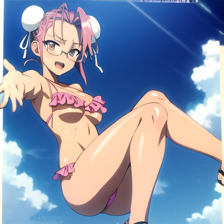 masterpiece, best quality, best aesthetic, 
takagi saya, solo, open mouth, cleavage, brown eyes, swimsuit, bikini, frills, glasses, hair bun, double bun, transparent background, sandals, crossed legs, outstretched arm, foreshortening, frilled bikini, pink bikini, bun cover, high quality, absurdres, full body, 8k,  <lora:Saya_Takagi-09:1>