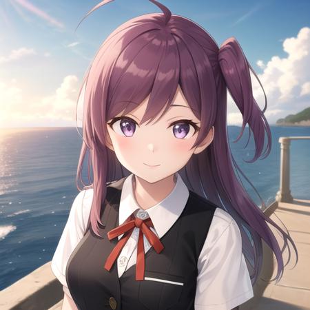 ((masterpiece)),(best quality),official art,extremely detailed CG,unity 8k wallpaper,ultra detailed,A lighthouse on a cliff by the sea,1girl,solo,upper body,(portrait:1.2),long_hair,purple_hair,one_side_up,ahoge,red_ribbon,pleated_skirt,fingerless_gloves,neck_ribbon,white_shirt,black_skirt,blouse,black_vest,short_sleeves,smile,socks,buttons,purple_eyes,kneehighs,black_gloves,medium breasts,school_uniform,looking_at_viewer,<lora:hagikaze(kan)>,