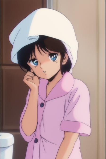 <lora:NonomuraAmi_BeMybaby_Ver2:0.8>  NonomuraAmi, brown_hair,  blue_eyes,  bangs, black_hair, 
washroom,
1girl, solo, towel on head, retro artstyle, parted lips, short hair, upper body, towel, pajamas, 1990s (style), 1980s (style),