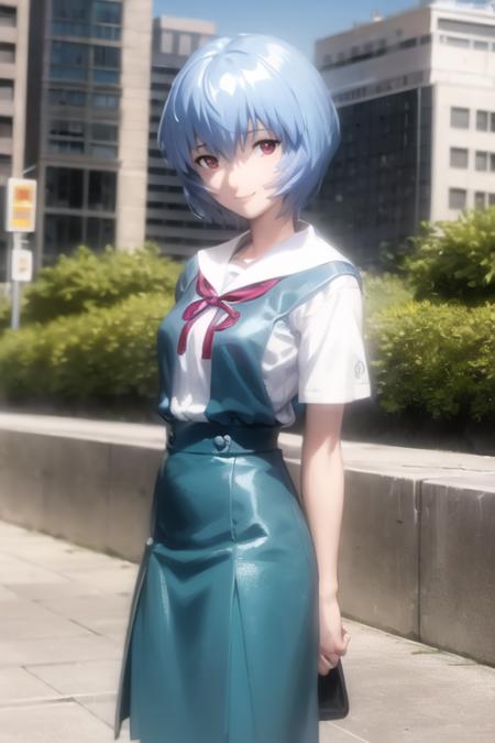 masterpiece, best quality, 1girl, ayanamirei, evauniform, interface headset, looking at viewer, light smile, city, arms behind <lora:AyanamiReiV3-000014:0.8>