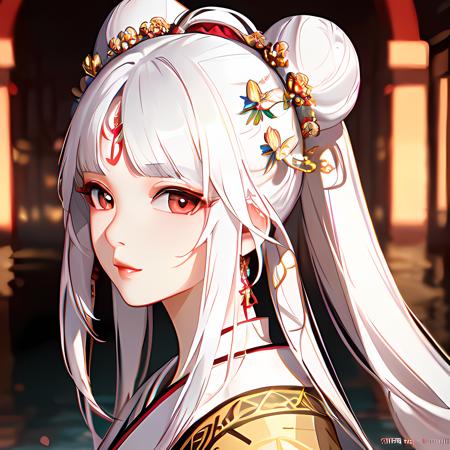 (masterpiece, best quality, ultra-detailed, best shadow), photo realistic,(beautiful detailed face),1girl, buzhihuo, white hair, hair ornament,  dynamic angle, double bun,  <lora:buzhihuo_5000:0.9>  <lora:liyuuLora_liyuuV1:0.1>