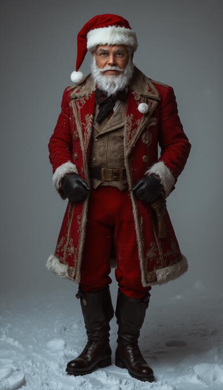 Realistic image reimagines a tall Santa Claus with a fashionable Victorian aesthetic. He dons an elegantly tailored deep red frock coat with intricate gold embroidery, a luxurious fur-lined collar, and polished leather boots. His fancy moustache is carefully groomed, paired with round, vintage spectacles. A velvet waistcoat and pocket watch add a refined touch, while snowy flakes swirl around him, enhancing the nostalgic yet stylish, aristocratic vibe. His confident, dignified pose exudes timeless charm, vantablack