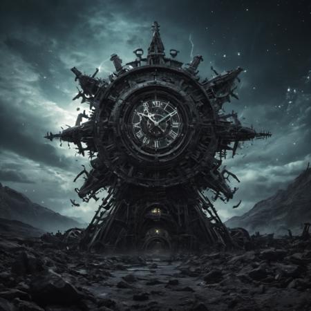 In outer space, amidst the vast emptiness and twinkling stars, there stood an ominous clockwork mechanical clock. Its face, intricately designed with gears and cogs, was trapped inside a broken black hourglass. The molten star covering the background added to the surreal atmosphere. As if this wasn't enough to unsettle one's mind, a galactic horror loomed over the shot - an entity so terrifying it could only be described as Lovecraftian in nature. This dystopian setting exuded an end-of-the-world vibe that sent shivers down anyone's spine who dared to gaze upon this horrific spectacle. <lora:add-detail-xl:1> <lora:Horror:1>