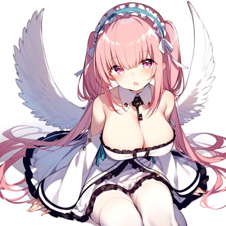 <lora:Perseus-10:1>pink hair, key necklace, hairband, 1girl, solo, long hair, breasts, looking at viewer, blush, open mouth, bangs, large breasts, simple background, thighhighs, long sleeves, white background, dress, cleavage, hair between eyes, bare shoulders, twintails, sitting, very long hair, pantyhose, frills, detached sleeves, wings, pink eyes, white dress, white thighhighs, strapless, detached collar, frilled dress, strapless dress, feathered wings, white pantyhose, angel wings, white wings, frilled hairband