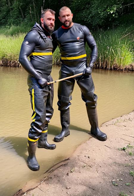 three male fisherman, next to a river, throwing the fishing rod into the water. They have a muscular body,big muscles,chubby,,shaved,young, tall,huge muscles,,  handsome,big bulge. They are wearing a black wetsuit,black rubber long gloves and black chest waders rubber boots with yellow strip. kissing, hugging,lying on the floor,DIRTY RUBBER BOOTS