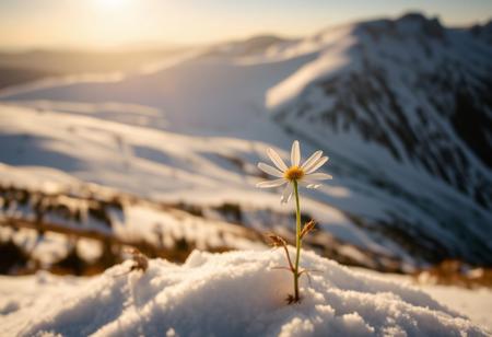 A delicate white-edged Edelweiss perches precariously on a hillside, its slender stem swaying gently in the breeze. The rolling hills behind, blanketed in thick layers of snow, stretch upwards towards the sky like giant's teeth. The sun casts a warm glow over the scene, illuminating the Edelweiss's intricate petals and casting long shadows across the snow-covered terrain.