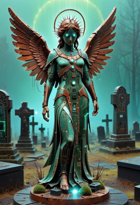 8k, Raw digital photo, dvr-rst, a weathered angel statue made out of rusty copper and circuit board, pcb_style, standing in a foggy graveyard, spiky halo, moss and decay, glitch holographic, eerie blue green glow, an art deco, Soft Texture, Full Colour, 80mm, simple dark background,