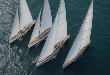very realistic photograph of a race of several Figaro Bénéteau Class sailboats seen from the top