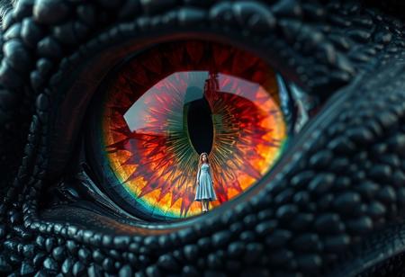 Extreme macro closeup of a massive dragon's eye filling the entire frame, with a vertical slit pupil that reflects like polished obsidian. The iris displays vibrant rainbow colors - deep crimson at the inner ring transitioning through orange, golden yellow, emerald green, sapphire blue, and violet at the outer edge, with intricate crystalline patterns and ancient wisdom gleaming within. The eye's surface has a subtle reptilian texture with fine scales around the edges. In the reflection of the pupil , a tiny female princess stands dwarfed by the immense scale - appearing no larger than a speck of dust against the colossal eye. The lighting should be dramatic with the iris colors casting prismatic reflections, and the overall mood should convey the awe-inspiring, terrifying scale difference between dragon and human. Ultra-detailed, photorealistic rendering with shallow depth of field emphasizing the eye's immense size.