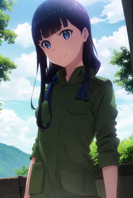 marikurokawa, <lora:mari kurokawa s1s2-lora-nochekaiser:1>,
mari kurokawa, long hair, bangs, blue eyes, black hair, ribbon, hair ribbon, blue ribbon, hair over shoulder, smile,
BREAK uniform, military, military uniform, helmet, sleeves rolled up, headset,
BREAK outdoors, forest, nature, sun, sky, clouds, trees, grass,
BREAK looking at viewer, (cowboy shot:1.5),
BREAK <lyco:GoodHands-beta2:1>, (masterpiece:1.2), best quality, high resolution, unity 8k wallpaper, (illustration:0.8), (beautiful detailed eyes:1.6), extremely detailed face, perfect lighting, extremely detailed CG, (perfect hands, perfect anatomy),