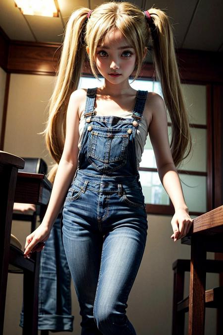 Sar4hLH  blonde hair, long twin tails overall jeans