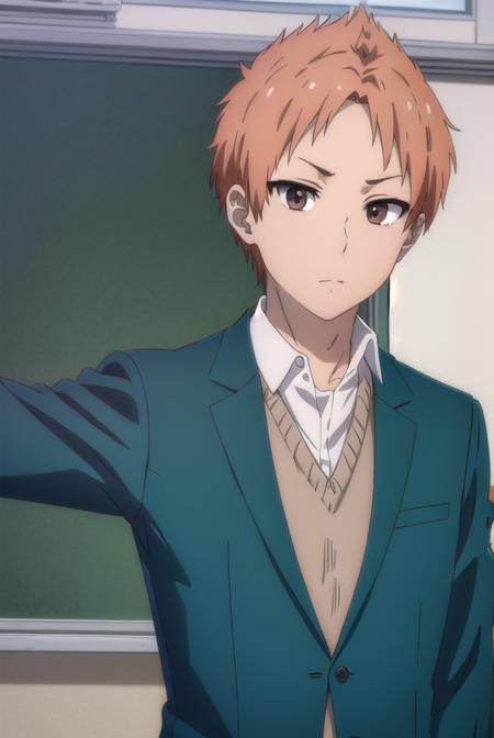 tatsumitanabe, <lora:tatsumi tanabe s1-lora-nochekaiser:1>,
tatsumi tanabe, short hair, (brown eyes:1.5), male focus, orange hair,
BREAK shirt, school uniform, jacket, white shirt, blazer, green jacket, (green blazer:1.5),
BREAK indoors, classroom,
BREAK looking at viewer, (cowboy shot:1.5),
BREAK <lyco:GoodHands-beta2:1>, (masterpiece:1.2), best quality, high resolution, unity 8k wallpaper, (illustration:0.8), (beautiful detailed eyes:1.6), extremely detailed face, perfect lighting, extremely detailed CG, (perfect hands, perfect anatomy),