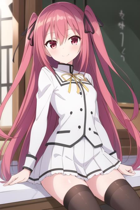 masterpiece, best quality,1girl,solo,claire rouge,pink hair,long hair,two side up,red eyes, hair ribbon,school uniform,white shirt,white vest,buttons,frills,yellow neck ribbon,sleeve cuffs,white miniskirt,pleated skirt,black thighhighs,<lora:ClaireRouge:0.8>,smile