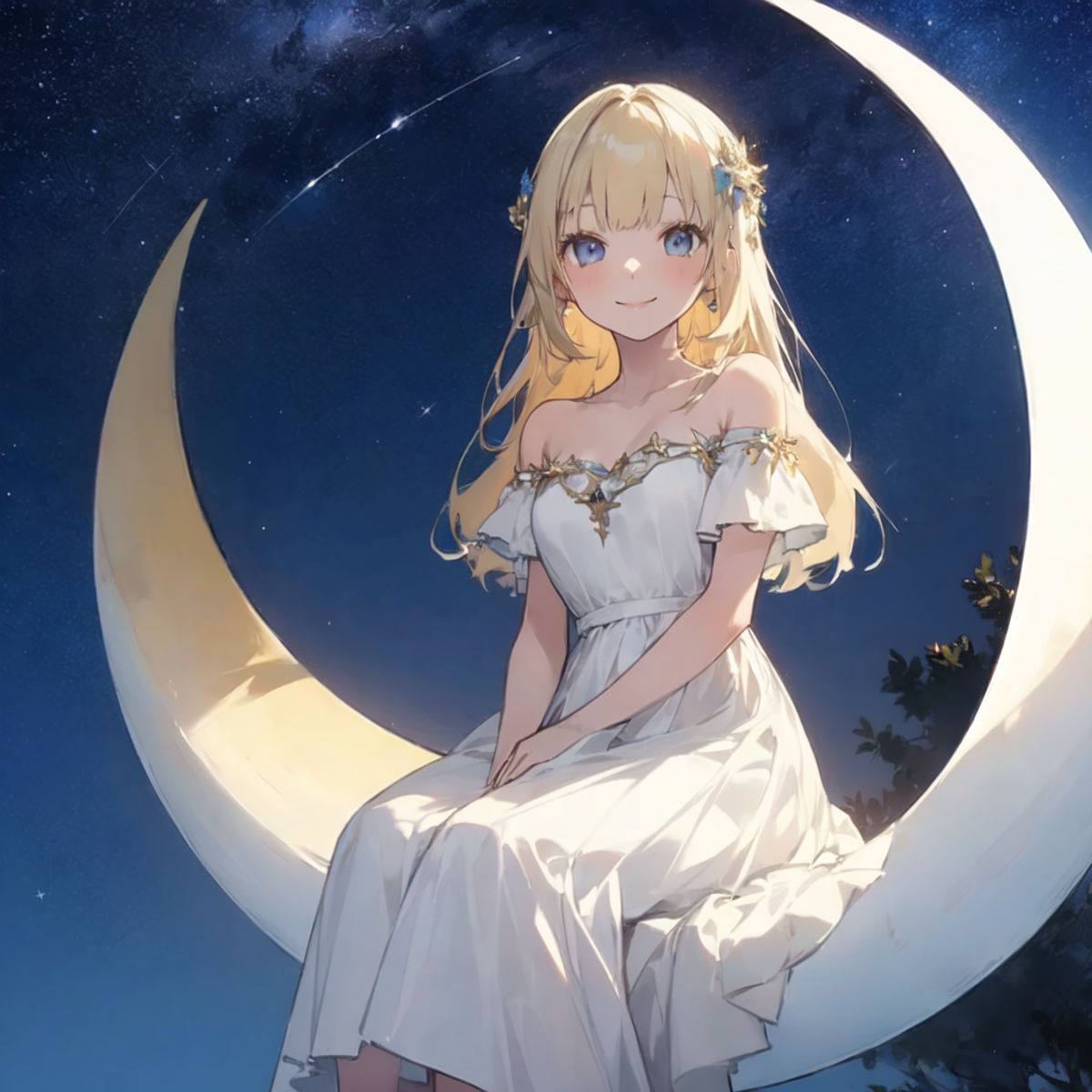 sitting on the crescent moon/月に乗る image by harurain