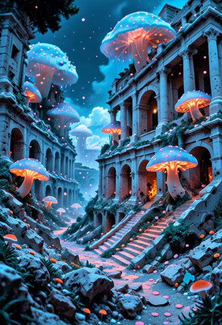 surreal colosseum seen from opium hill and wide angle, overrun by giant mushrooms, where soft, candy-colored destruction gracefully unfolds: bright mushroom clouds made of flowers, ruined buildings floating like confetti, small glowing fireflies, and skies pulsating in bright, misty shades of coral and mint. flat colors, cel shading, comic book style, best quality, amazing quality, masterpiece, absurd, high resolution, very detailed, extremely detailed, ultra detailed, sharp focus, clean lines, high details, intricate details, Glowing Nature contest