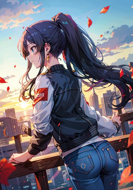 shizuka mogami (million live),
(best quality, 8K, masterpiece, ultra detailed:1.2),sparkle,light particles,blurry,lens flare,detailed backgorund,
gradient sky, sunset, beautiful clouds, sunbeam, cityscape, skyline, floating petals, twilight,
1girl,solo,collarbone,black hair, long hair, blue eyes, blunt bangs, sidelocks, high ponytail,
leather jacket, leather, jewelry, earrings, denim, jeans, outdoors, open jacket, from behind, leaning on rail,