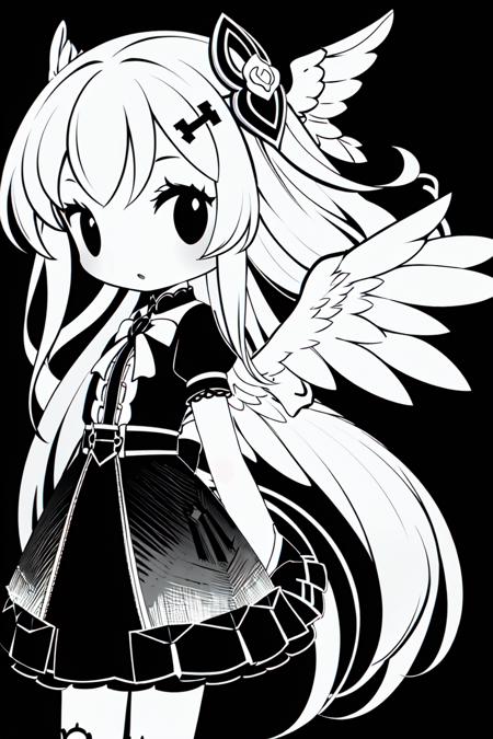 <lora:cobalta:1>1girl, monochrome, greyscale, long hair, solo, wings, chibi, black background, dress, hair ornament, cross