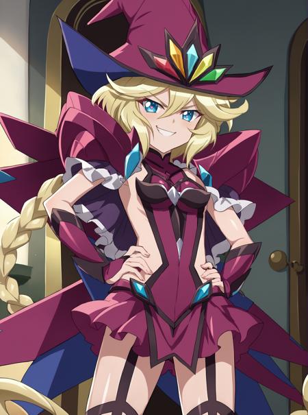 carolgear blonde hair, gloves, hat, side cutout, mole under eye, elbow gloves, sideless outfit, blue eyes, thighhighs, skirt, short hair, garter straps, aged up, witch hat, long hair, large breasts, braid, black thighhighs, braided ponytail