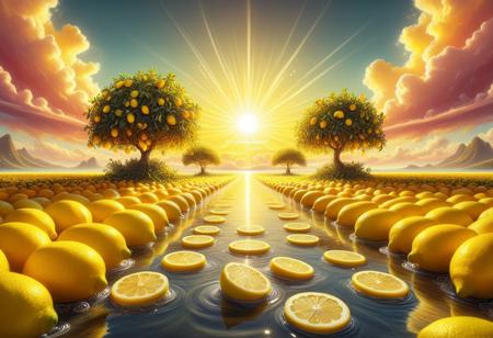 Concept: vibrant, luminous, surreal, natural, refreshing, unique, symbolic, warm, beautiful, zesty.
Core Elements: wl_lemons, lemon slices, lemon trees, sunset, light, sky, clouds, fragrance.
Atmosphere/Mood: joyful, energetic, whimsical, dreamlike, tranquil, refreshing, optimistic, captivating, serene.
Setting Details: horizon, vast sky, dramatic clouds (lemon-yellow, orange, pink hues), distant landscape (blurred), calm water body, floating giant lemon slices, subtle mist, shimmering light.
Central Figure Details: sky filled with lemon-shaped clouds, sun appearing as a colossal, glowing lemon, rays of light like juice streams. Horizon line defined by abstract lemon groves. Air filled with vibrant, warm colors, reflections on water surface.
Lighting: intense golden light, warm glow, diffused, luminous, gentle highlights, strong shadows, ethereal glow, vibrant ambient light, zesty reflections.
Composition: wide shot, low angle, deep perspective, central focus on sunset/lemons, leading lines of horizon/clouds, immersive view, artistic framing, symbolic.
Color Palette: dominant vibrant yellows, sunny oranges, fiery reds, soft pinks, light greens (from leaves/zest), creamy whites. High saturation, luminous, warm, high contrast.
Quality: photorealistic, ultra detailed, intricate textures, cinematic atmosphere, visually striking, hyperrealistic, artistic, landscape, surreal, abstract, vibrant.