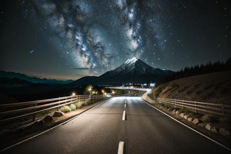 <lora:WallpaperFusion-000009:1>, photo \(medium\), masterpiece, best quality, perfect anatomy, HD, landscape shot, Wallpaper Fusion, vibrant, dark, overly detailed, night, night sky, clear sky, black sky, starry sky, stars, road, countryside, remote, mountain, cliffs, hilltop, hillside, hills, rocks, overlook, high velocity, road signs, wood rails, wood fence, Japan, Japanese, touge, racetrack, curvy, no humans, centered