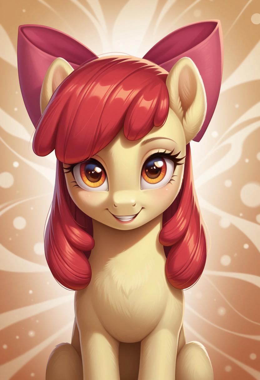 score_9, score_8_up, score_7_up, score_6_up, score_5_up, score_4_up, my little pony, ((feral pony)), Apple Bloom, 1girl, solo, (cute), beautiful, detailed, (detailed cute pony face), detailed eyes, detailed fur, beautiful, vector, flat colors, (abstract background:1.8), (looking at you, looking at viewer:1.5), smile, happy, ((close-up)), high angle