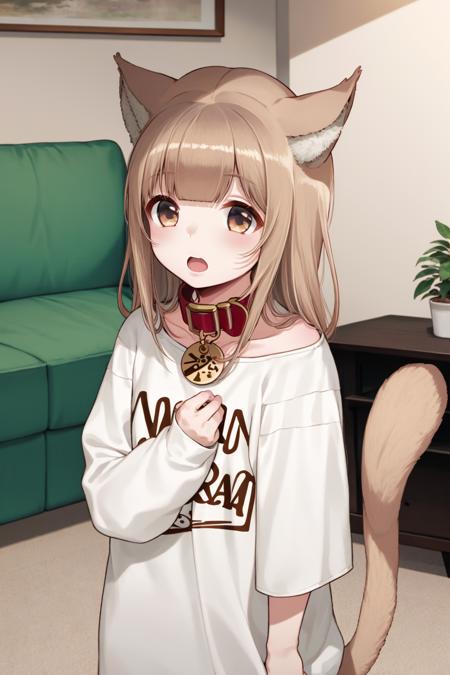 40hara, masterpiece, best quality, 1girl, cat girl, brown hair, cat ears, cat tail, oversized clothes, oversized shirt, print shirt, animal collar, red collar, living room