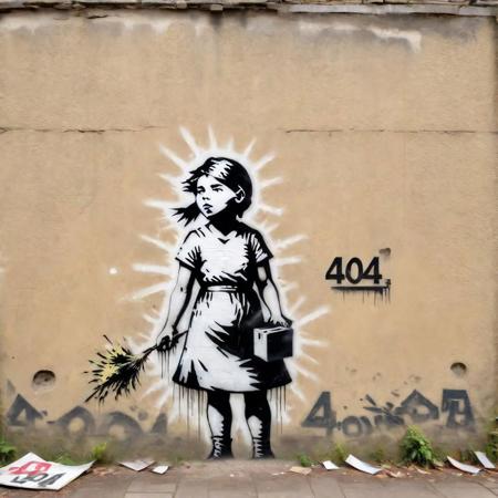 Banksy Style - banksy stencil of 404 error, text 404, thought-provoking graffiti street art, hyper detailed, natural lighting, studio quality, film grain, UHD, DSLR, sharp focus, 8k high definition, UHD ,DSLR, professional film photography, trending on Artstation, professional photo, insanely detailed, intricate details, masterpiece