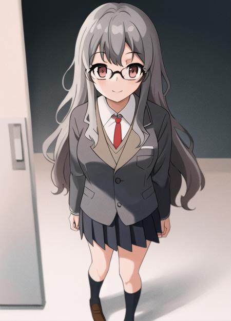 <lora:futaba:0.7>,futaba rio, (glasses),gray hair,highres,(masterpiece_1.0),(best quality_1.0),standing, school uniform, white background, looking at viewer ,smiling,legs,(full body),perspective from front