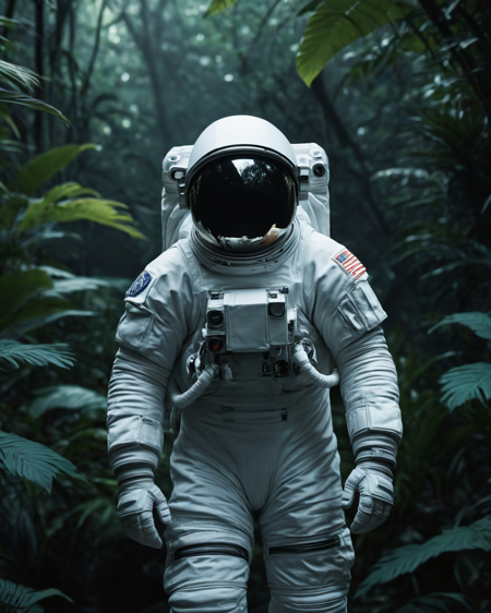 Astronaut in a jungle, cold color palette, muted colors, detailed, 8k