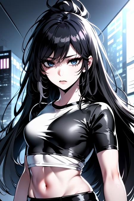 ((masterpiece)), ((ultra-detailed)), ((best quality)), ((intricate details)), ((chromatic aberration)), 1girl, long hair, small breasts, makeup, black eyeliner, (expressionless), (two-tone hair:1.2),looking at viewer, (()),<lora:AGM-a1:0.2>,  <lora:Artist_Kidmo:0.2> ,<lora:JW:0.2>, <lora:MDA_v2:0.2>, <lora:JellyTitsV2:0.2>, <lora:GrullBorgR8V4:0.2>, <lora:oouso:0.2>, <lora:titlefont:0.3>, <lora:GPTS 18 Dynorm t2_17600:0.3>,<lora:seolha:0.55>, ((crop top,<lora:juder_style:0.3> , white tshirt , cyberpunk,  )),