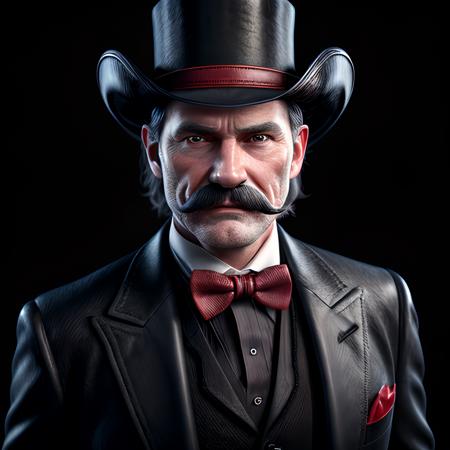 complex 3d render ultra detailed of a cowboy face, black top hat, red bow tie, gambler, beautiful studio soft light, rim light, vibrant details, black leather, hyper realistic, anatomical, facial muscles, 37 years old, elegant moustache, black background, octane render, Wild West ,<lora:more_details:0.4>