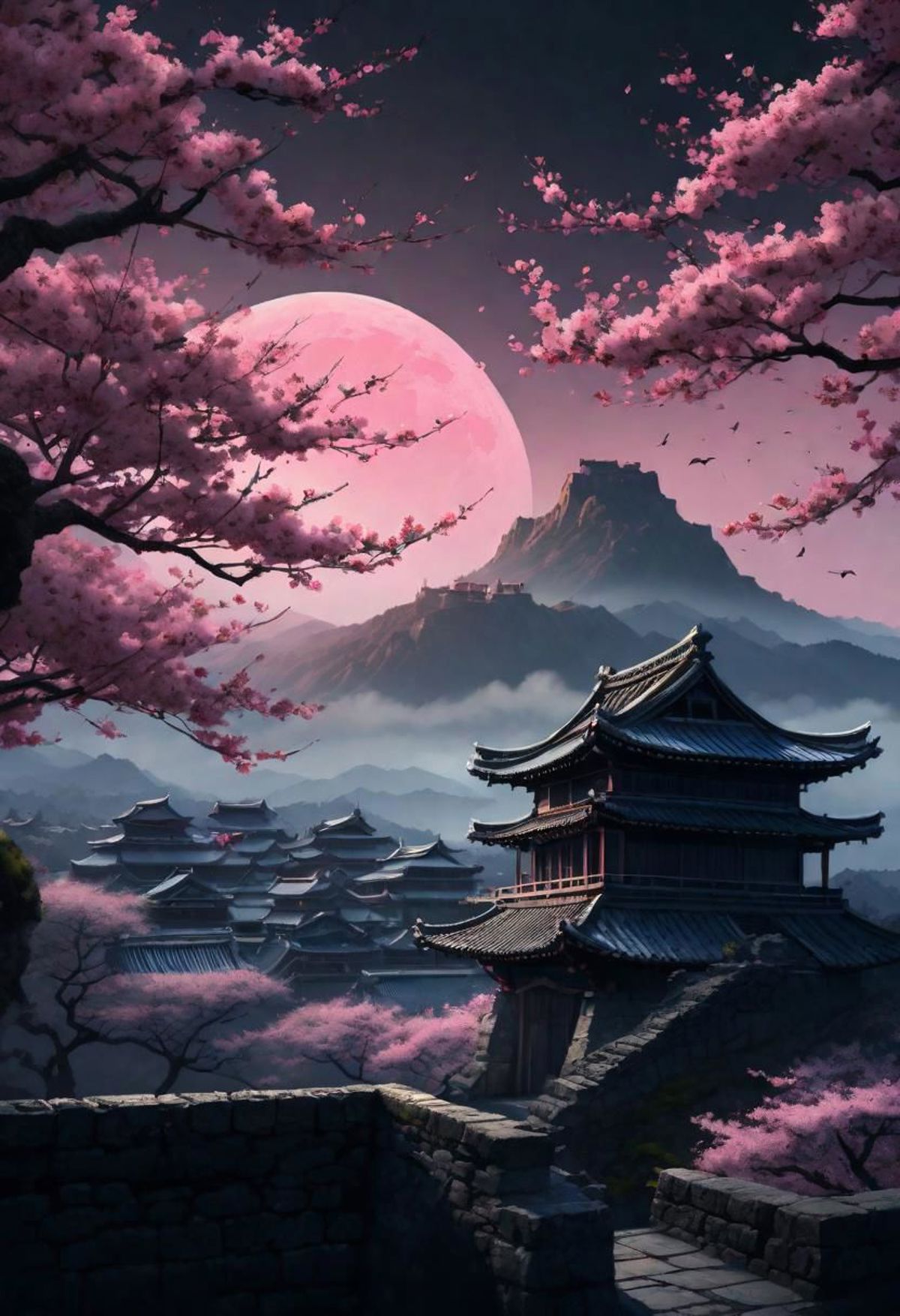 A painting of a Chinese palace with a moon in the background.