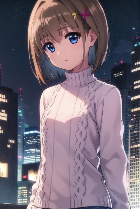 hayateyagami, <lora:hayate yagami movie2-lora-nochekaiser:1>,
hayate yagami, yagami hayate, short hair, blue eyes, brown hair, hair ornament, x hair ornament, 
BREAK sweater, pink sweater, turtleneck, long sleeves,
BREAK outdoors, city, night, starry sky,
BREAK looking at viewer, (cowboy shot:1.5),
BREAK <lyco:GoodHands-beta2:1>, (masterpiece:1.2), best quality, high resolution, unity 8k wallpaper, (illustration:0.8), (beautiful detailed eyes:1.6), extremely detailed face, perfect lighting, extremely detailed CG, (perfect hands, perfect anatomy),