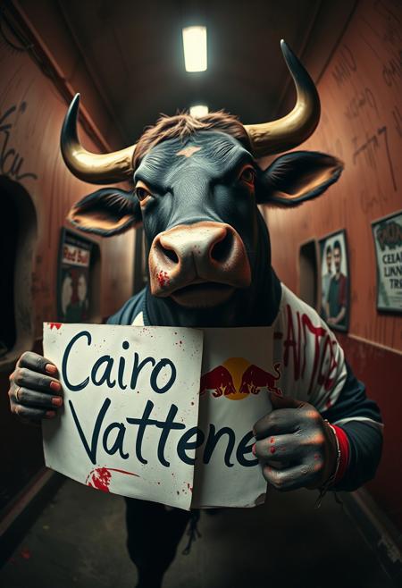 A whimsical, humanized bull, with a fairytale charm, holding a sign that says ‘Cairo Vattene’ in bold, handwritten text. The shot is captured with a Panavision Prime Cine Optics 12mm fisheye lens, exaggerating the bull’s presence in the center of the frame. The background is twisted and surreal, with sharp, contrasting colors and splatters of blood staining the surroundings, adding a gritty, Tarantino-esque vibe. The bull, exuding a dark, almost menacing aura, has blood splattered on its hands and face. A Red Bull logo is spray-painted onto its shirt, matching the chaotic energy of the scene.”
