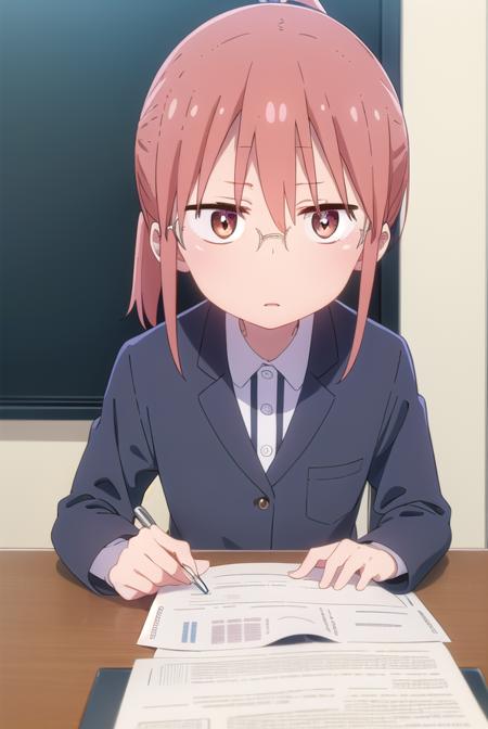 dragonkobayashi, <lora:dragon kobayashi s2-lora-nochekaiser:1>,
kobayashi, ponytail, pink hair, glasses, short hair, (brown eyes:1.5),
BREAK shirt, long sleeves, white shirt, collared shirt, pants, black pants, office lady,
BREAK indoors, office, computer, monitor, keyboard \(computer\), office chair, mouse \(computer\), desk,
BREAK looking at viewer, 
BREAK <lyco:GoodHands-beta2:1>, (masterpiece:1.2), best quality, high resolution, unity 8k wallpaper, (illustration:0.8), (beautiful detailed eyes:1.6), extremely detailed face, perfect lighting, extremely detailed CG, (perfect hands, perfect anatomy),