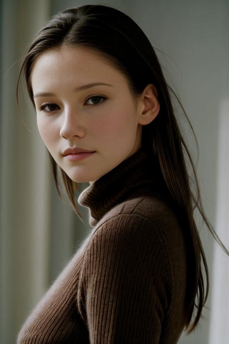 photo of (opt-chylerleigh2000s:0.99), a woman, RAW, close portrait photo, long brown coat, turtleneck, long haircut, slim body, (high detailed skin:1.2), 8k uhd, dslr, soft lighting, high quality, film grain, Fujifilm XT3 sharp focus, f 5.6  <lora:opt-chylerleigh2000s:1>