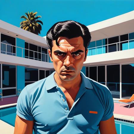 devastatingly handsome Miami blood spatter analyst in a polo shirt, thick dark eyebrows, close-set eyes with thick lashes, bedroom eyes that are completely empty and soulless, European nose, angular face with square jaw, perfect proportions, standing and looking directly at viewer with intense Kubrick stare, head tilted slightly down while eyes look up, unsettling fixed gaze with no emotion behind the eyes, wearing black leather gloves, holding a scalpel, arms at his side with hands hanging at waist level, handsome facade masking complete emptiness, fullbody, crime scene tape,, vibrant acrylic painting style, bold flat colors, clean geometric compositions, bright California sunlight, crisp shadows, modernist architecture, swimming pool blue tones, perfectly manicured landscapes, mid-century modern aesthetic, saturated color palette, smooth gradients, minimal detail work, contemporary pop art influence, architectural precision, optimistic 1960s atmosphere,
